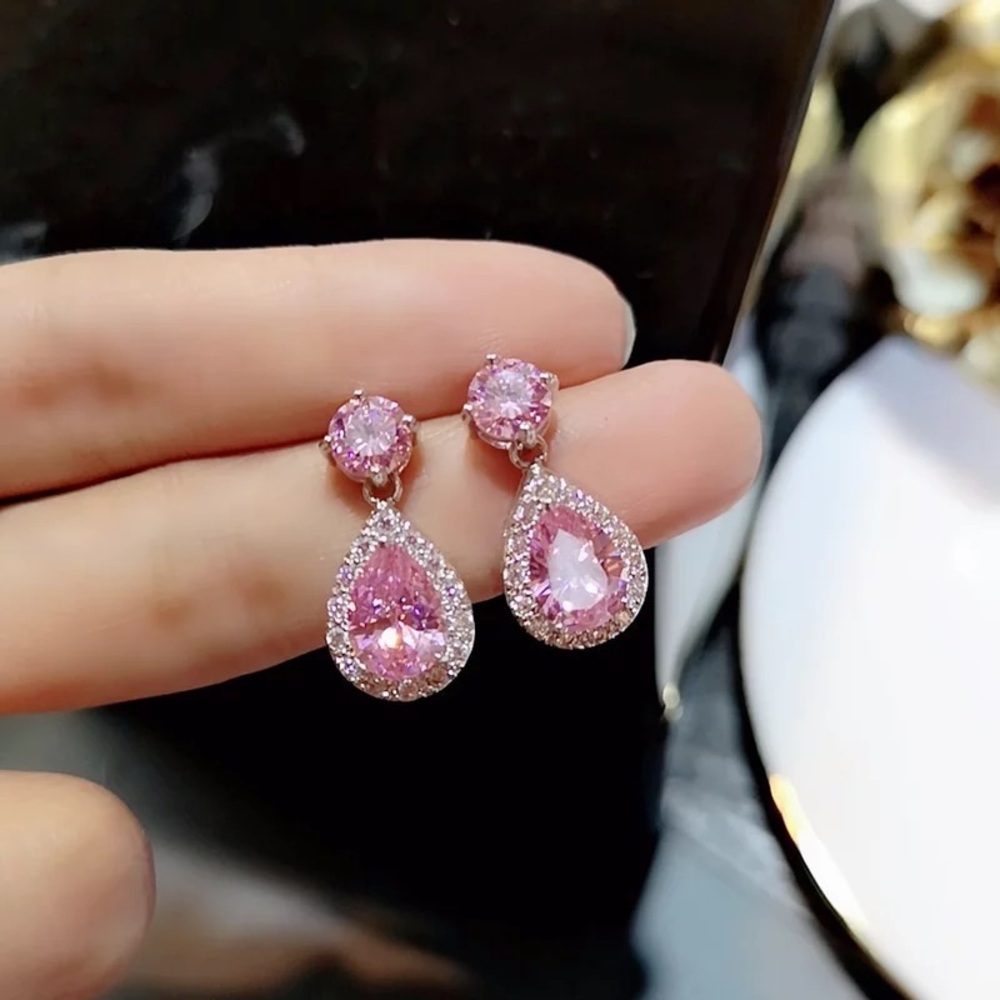 Water Drop Pendant Earring, Pink, White